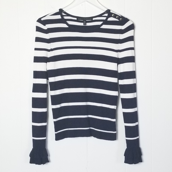 White House Black Market Sweaters - WHBM Navy And Ecru Ruffle Sleeve Sweater Sz.XS